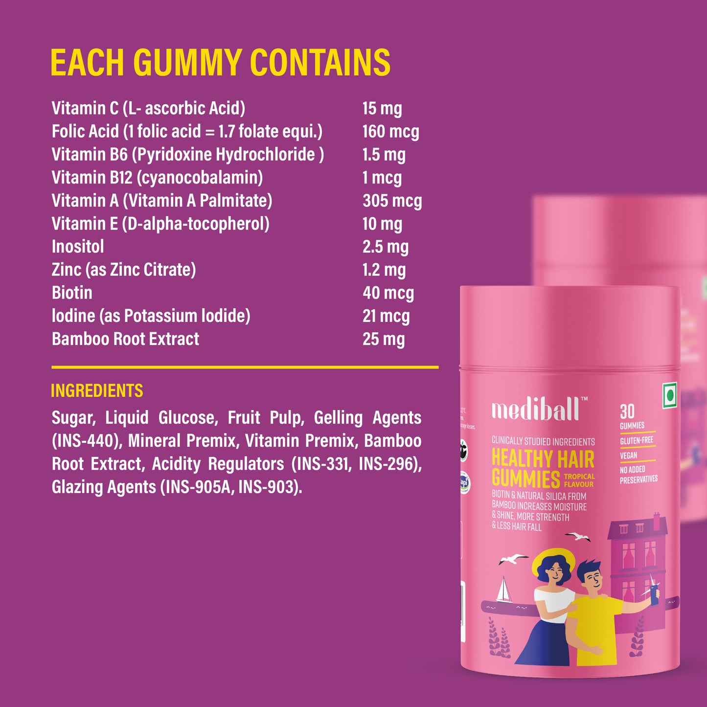 Mediball Healthy Hair Gummies | Tropical Flavor | Nutrient-Rich Formula for Hair Vitality