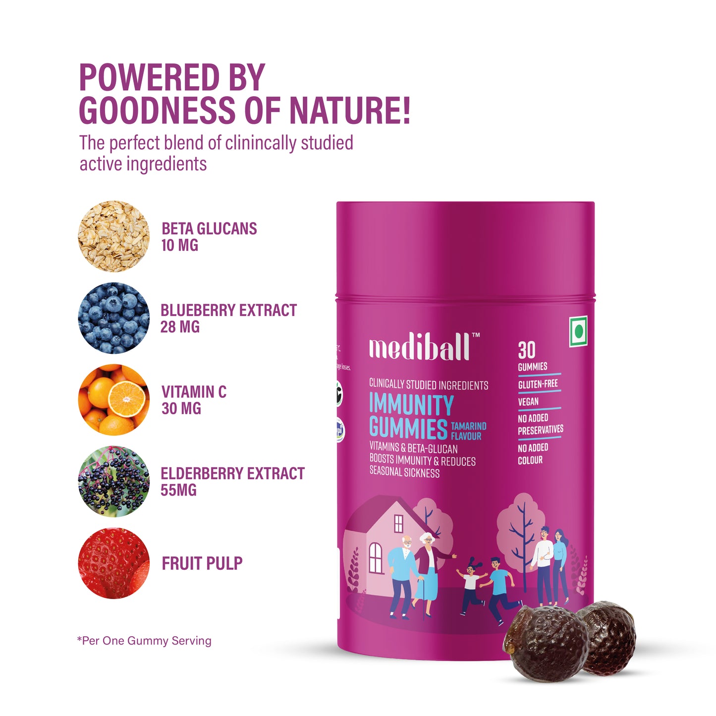 Mediball Immunity Gummies | Tamarind Flavor | Vitamin C & Beta-Glucan for Immune Support